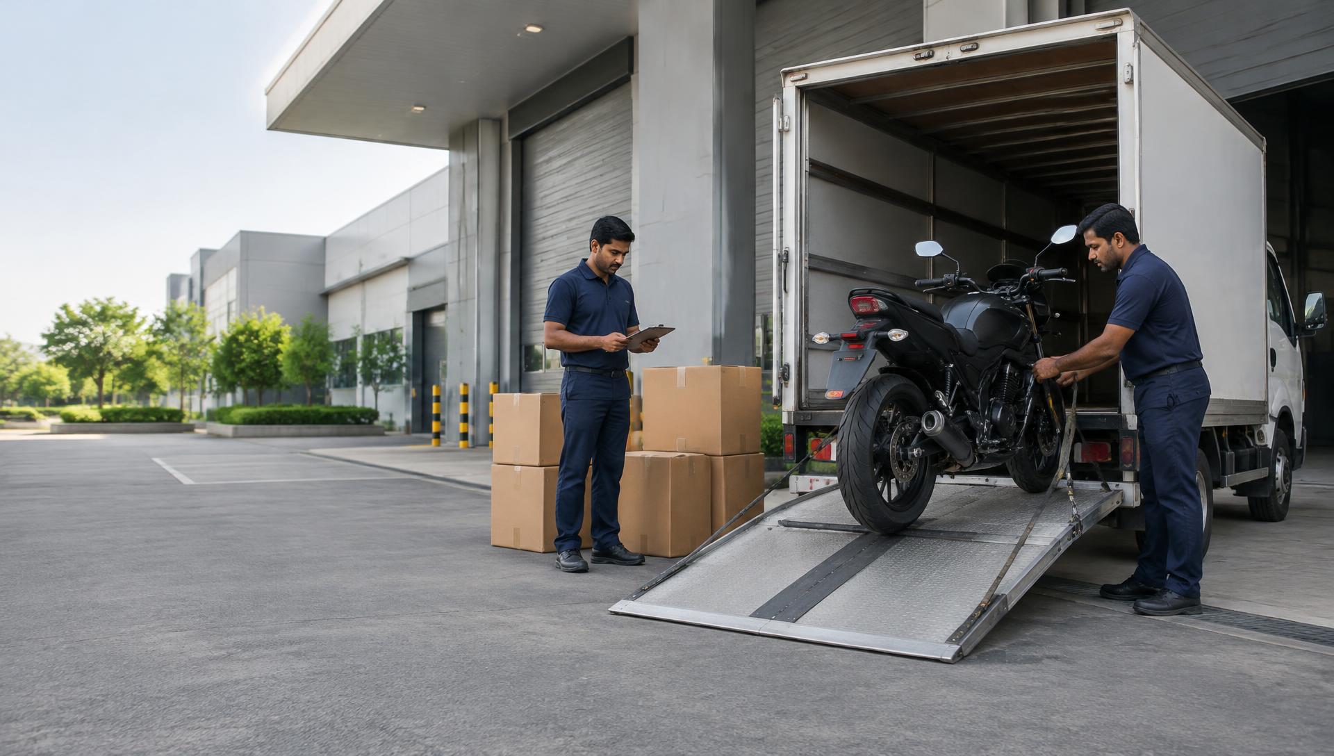 Motorcycle and cargo being prepared for transport